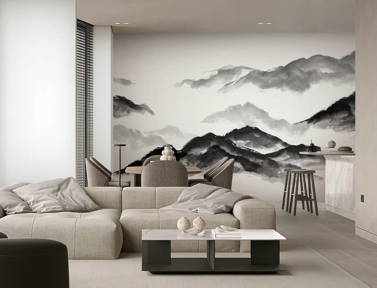 Interior of contemporary living room with kitchen, tv wall, wooden floors and big window.; Shutterstock ID 2497056679; purchase_order: 실크벽지 베스트; job: LX하우시스 ; client: 김효명