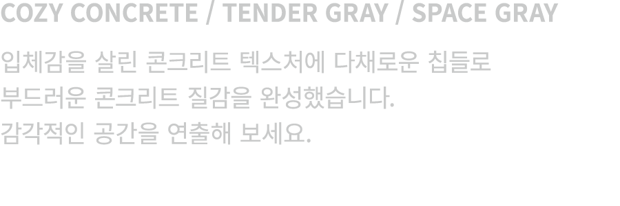COZY CONCRETE / TENDER GRAY / SPACE GRAY 입체감을 살린 콘크리트 텍스처에 다채로운 칩들로 부드러운 콘크리트 질감을 완성했습니다. 감각적인 공간을 연출해 보세요.