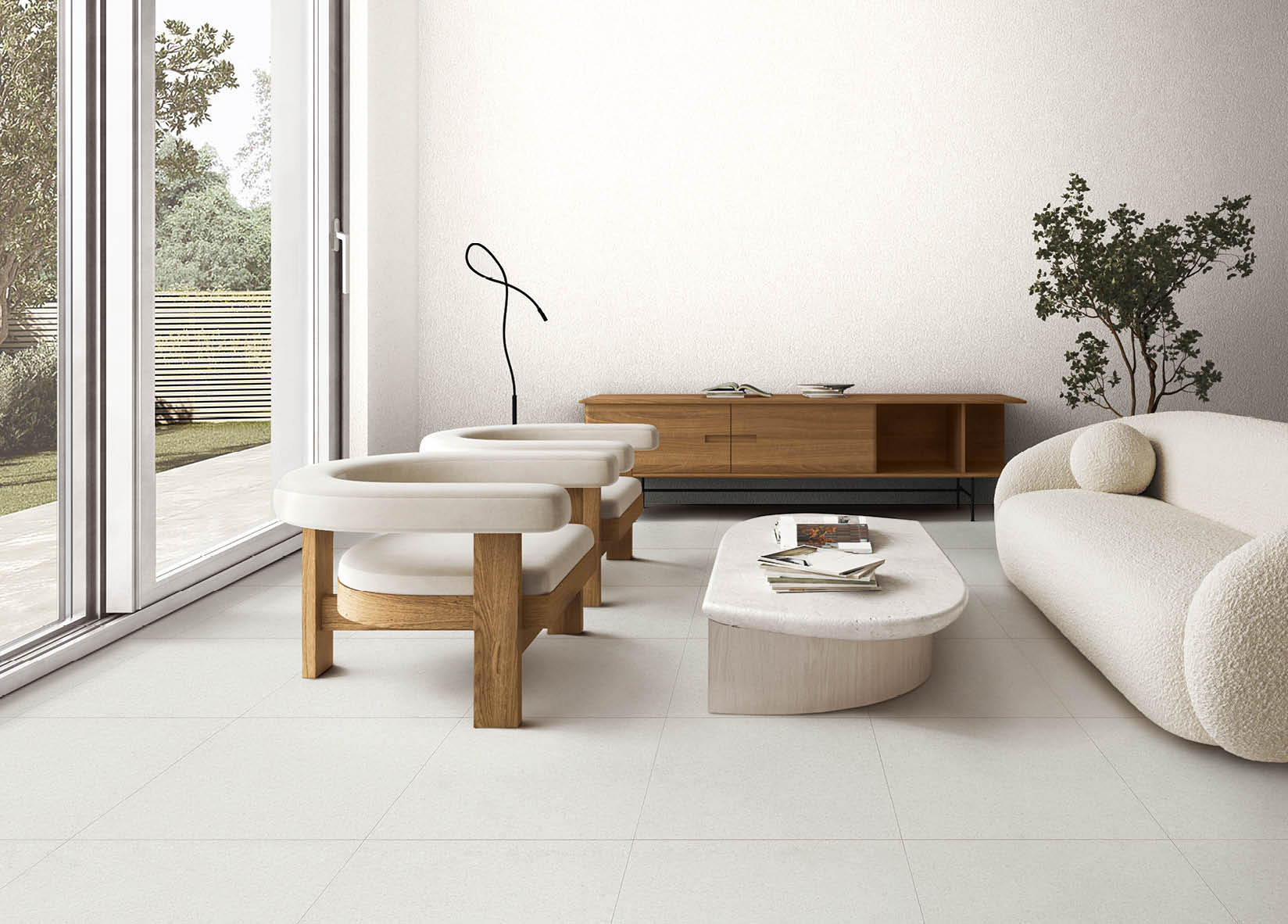 Boho beige livingroom with green plant and chair background. Light modern japanese nature interior. 3d rendering. High quality 3d illustration. 3D Illustration