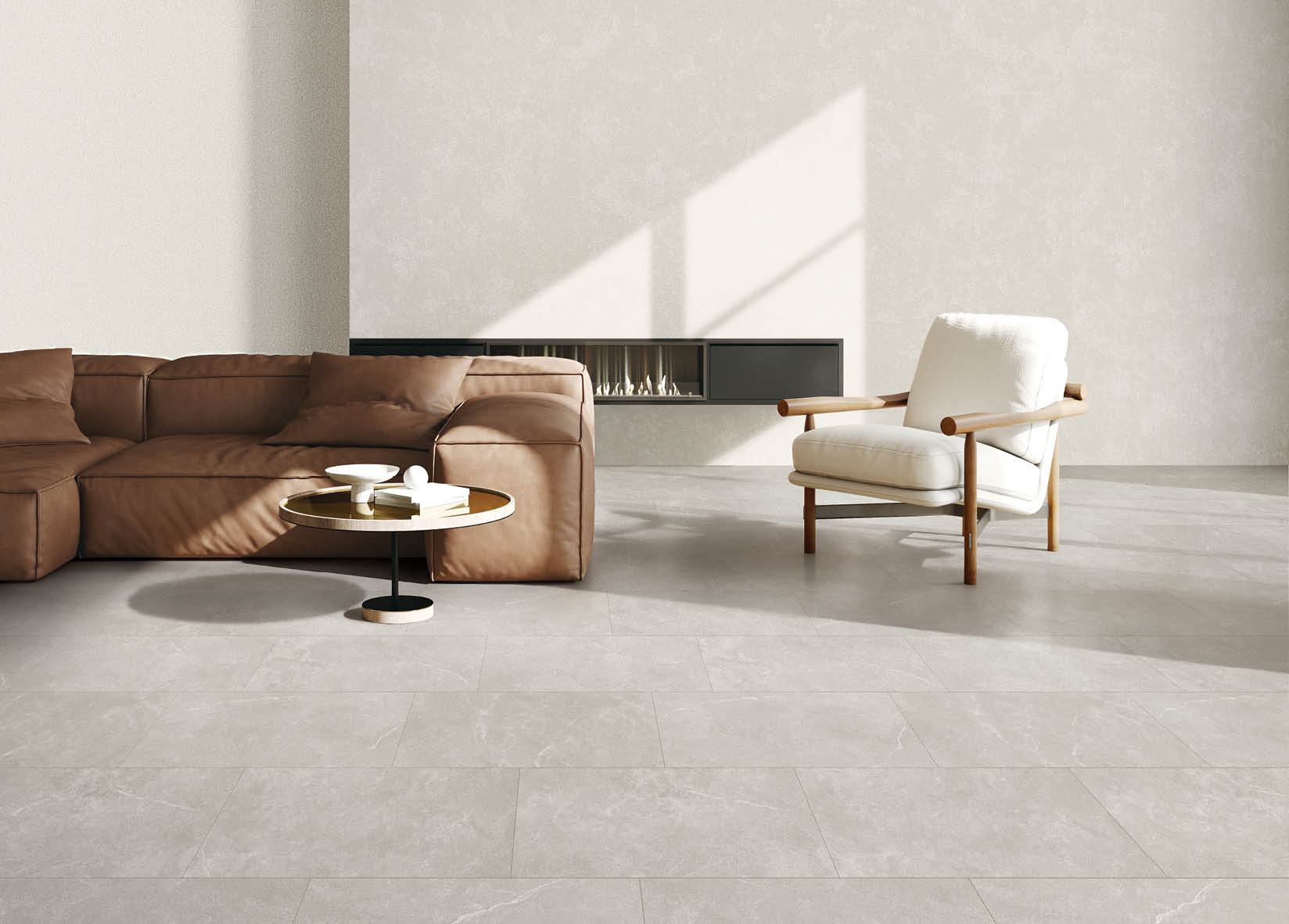 Modern living room interior mockup with leather sofa, armchair and fireplace, 3d rendering