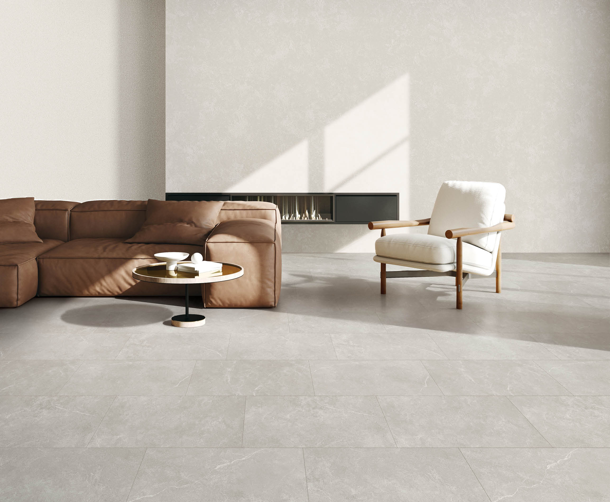 Modern living room interior mockup with leather sofa, armchair and fireplace, 3d rendering